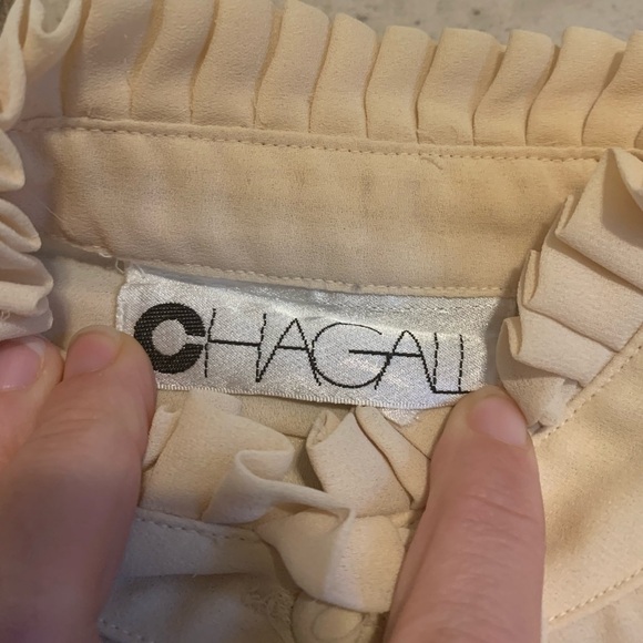 Vintage Style CHAGALL Ruffled Neck Pintuck Blouse Size 10 Sheer Beige/Cream - Picture 3 of 10